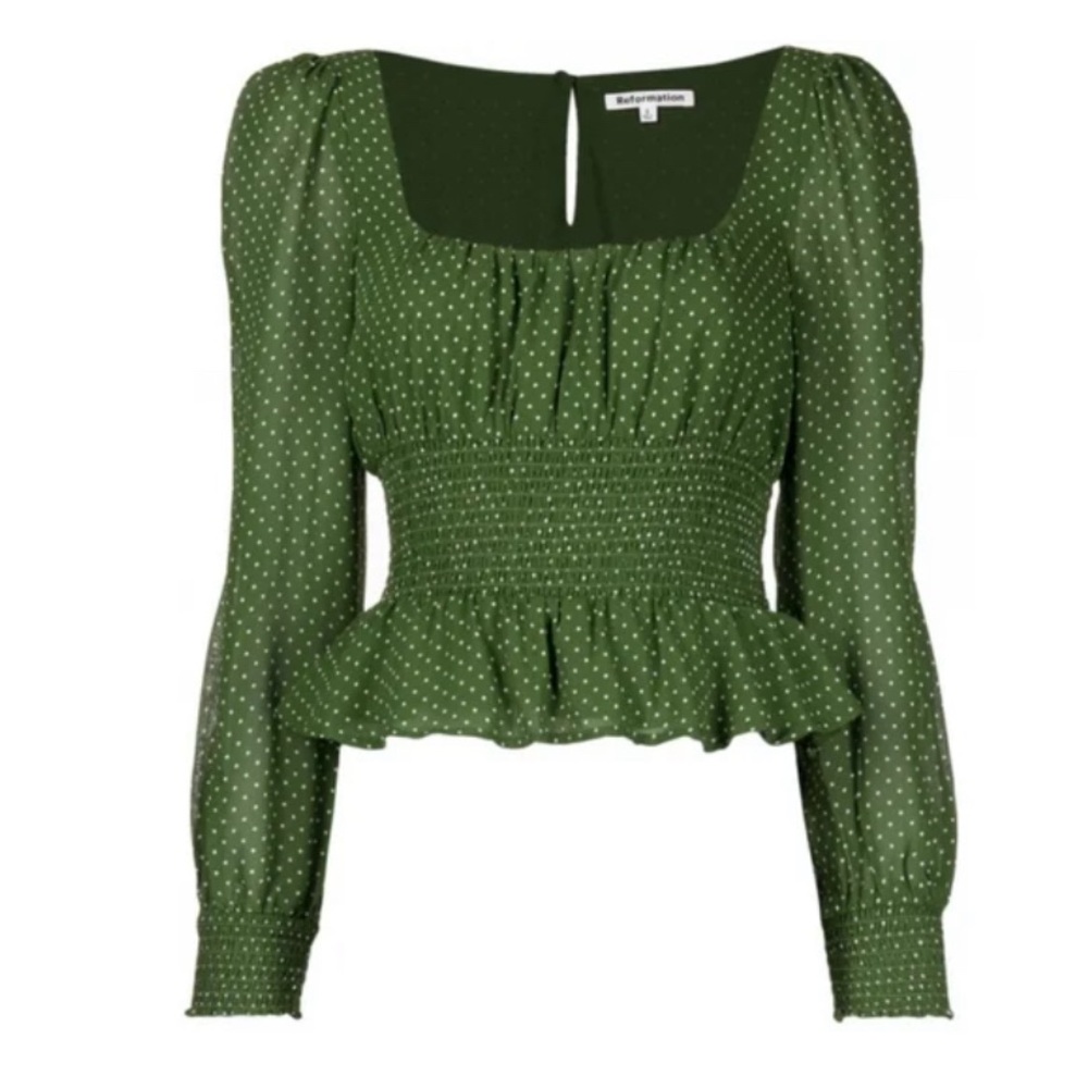 Reformation Green Smocked Peplum Blouse